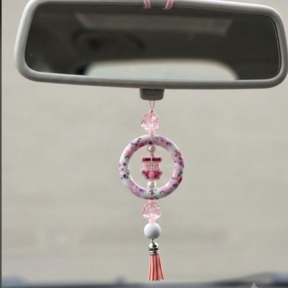 Pastel Goth Rearview Mirror Accessory  Pink and White Punk Car Charm with Tassel